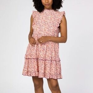 JODIFL Size Large Ruffle Babydoll Tiered Mini Dress Flowy Floral Mock Neck Pink